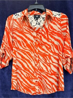 Iz Byer Orange and Cream Lace-Trim Blouse
